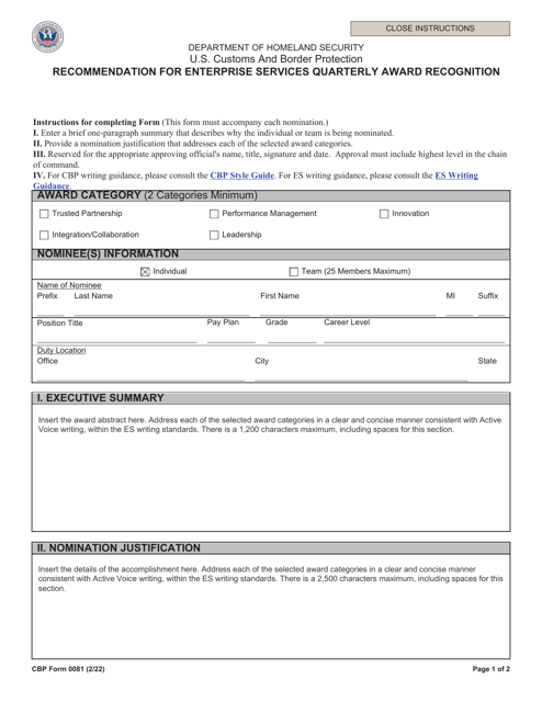 CBP Form 0081  Printable Pdf