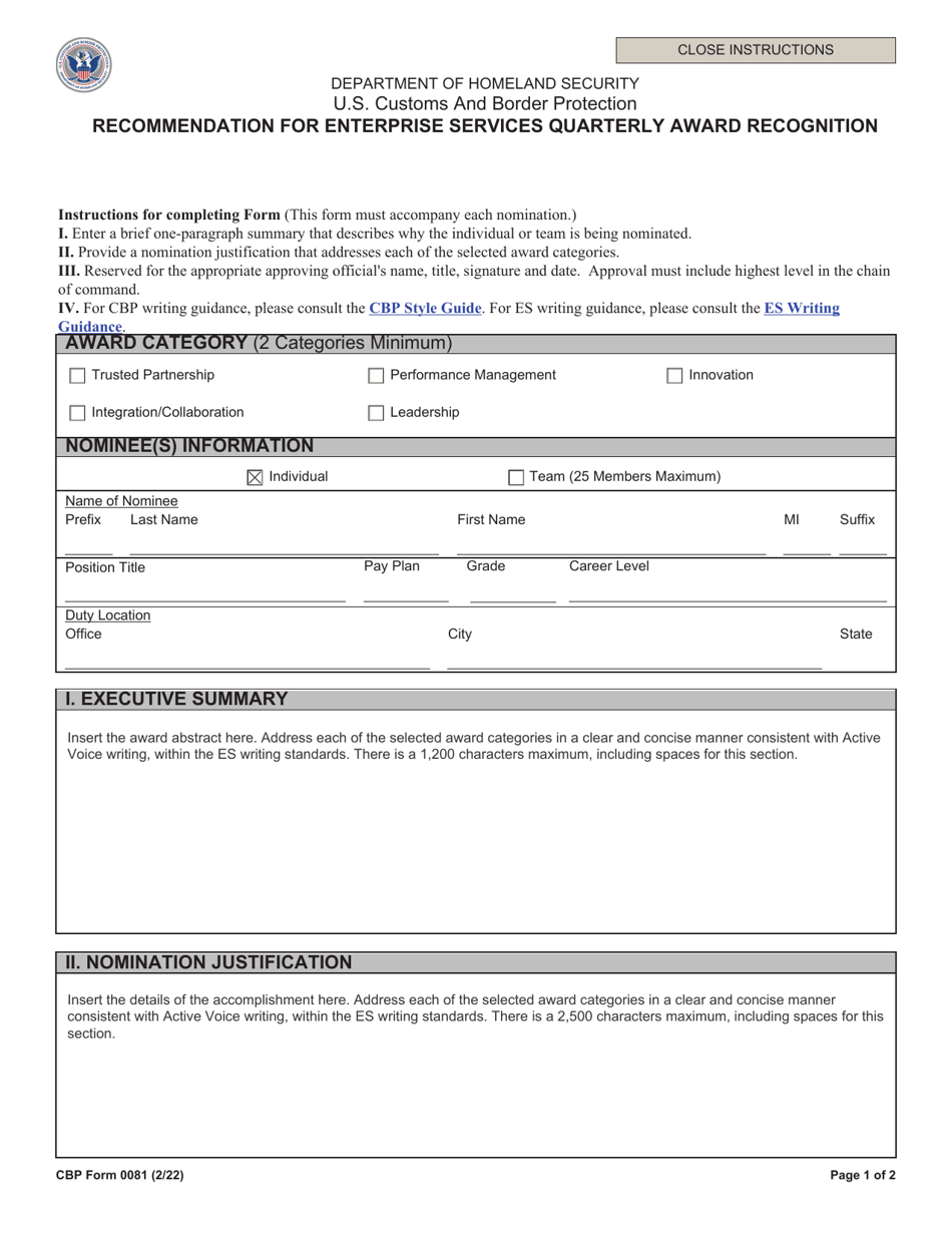 CBP Form 0081 Recommendation for Enterprise Services Quarterly Award Recognition, Page 1