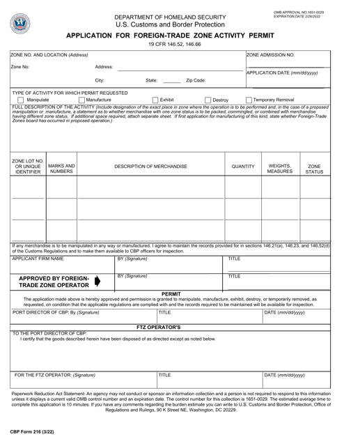 CBP Form 216 Application for Foreign-Trade Zone Activity Permit
