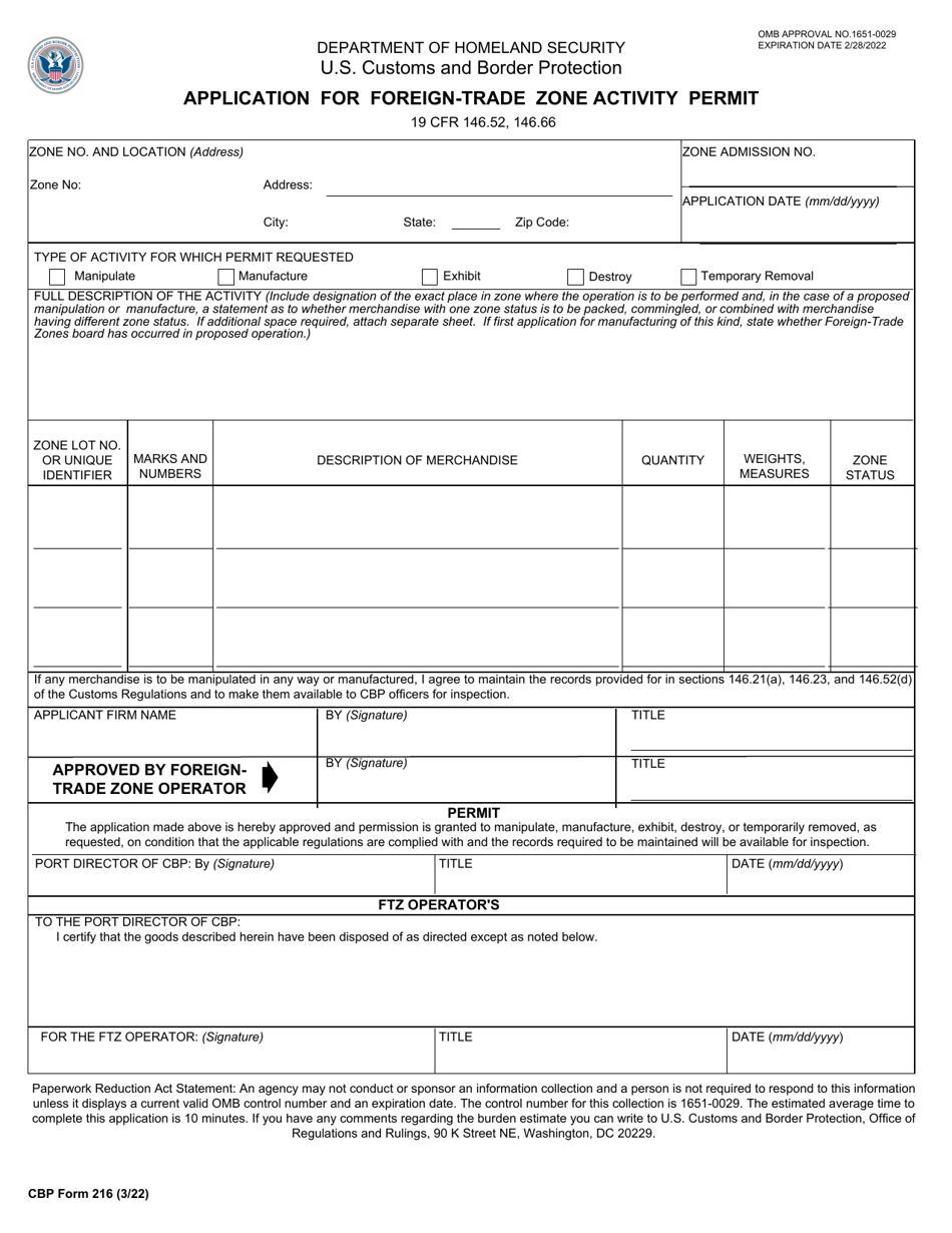 CBP Form 216 Application for Foreign-Trade Zone Activity Permit, Page 1