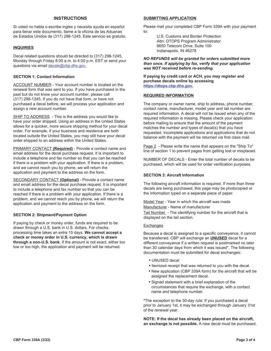 CBP Form 339A Annual User Fee Decal Request - Aircraft, Page 3