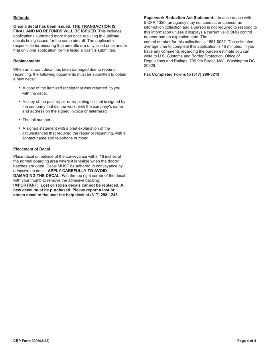CBP Form 339A Annual User Fee Decal Request - Aircraft, Page 4