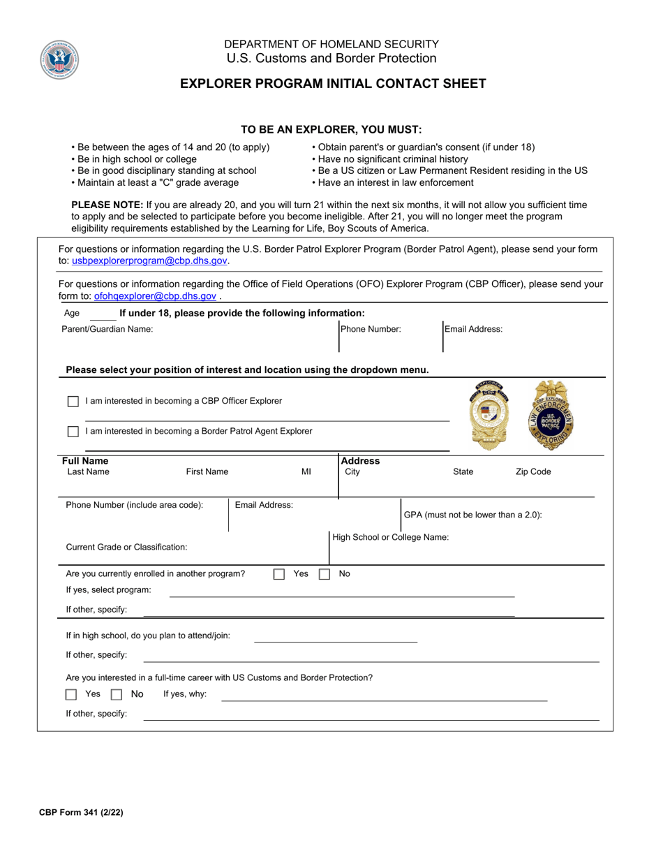 CBP Form 341 Explorer Program Initial Contact Sheet, Page 1