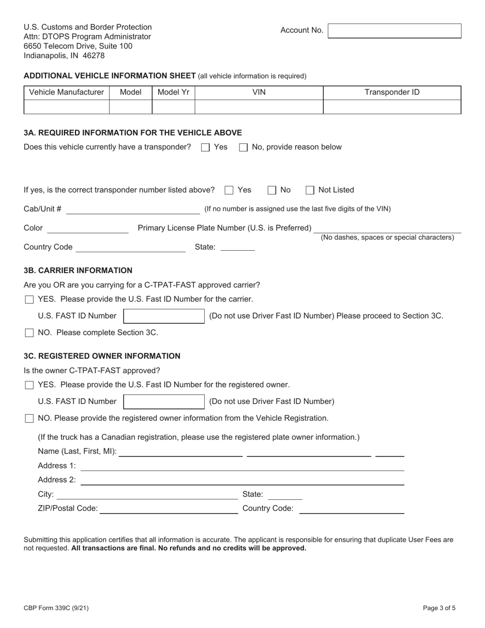 CBP Form 339C Vehicle Application, Page 3