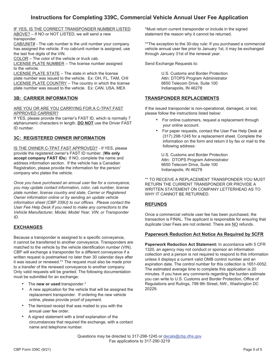 CBP Form 339C Vehicle Application, Page 5