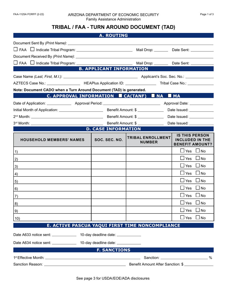 Form FAA-1125A Tribal / FAA - Turn Around Document (Tad) - Arizona, Page 1