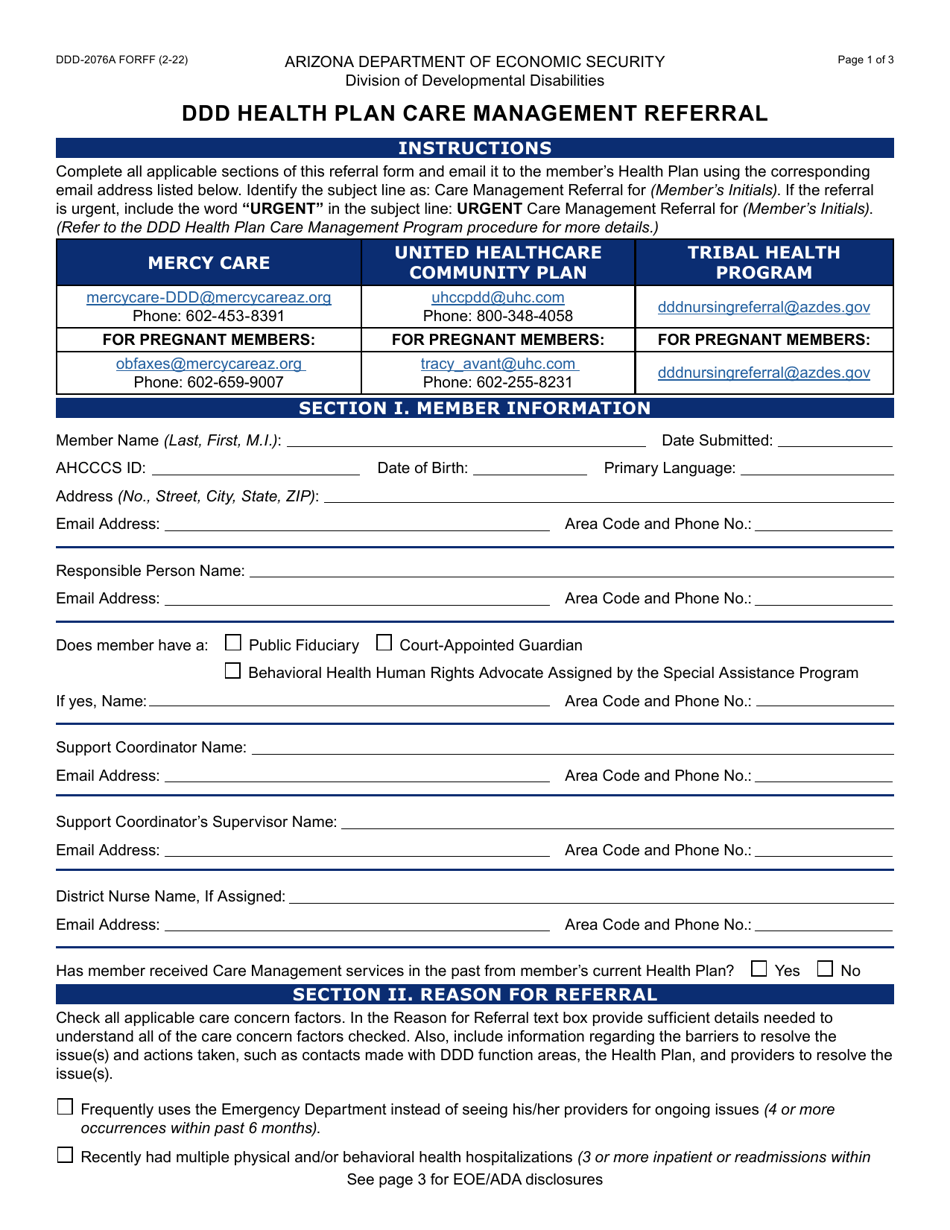 Form FAA-2076A Ddd Health Plan Care Management Referral - Arizona, Page 1