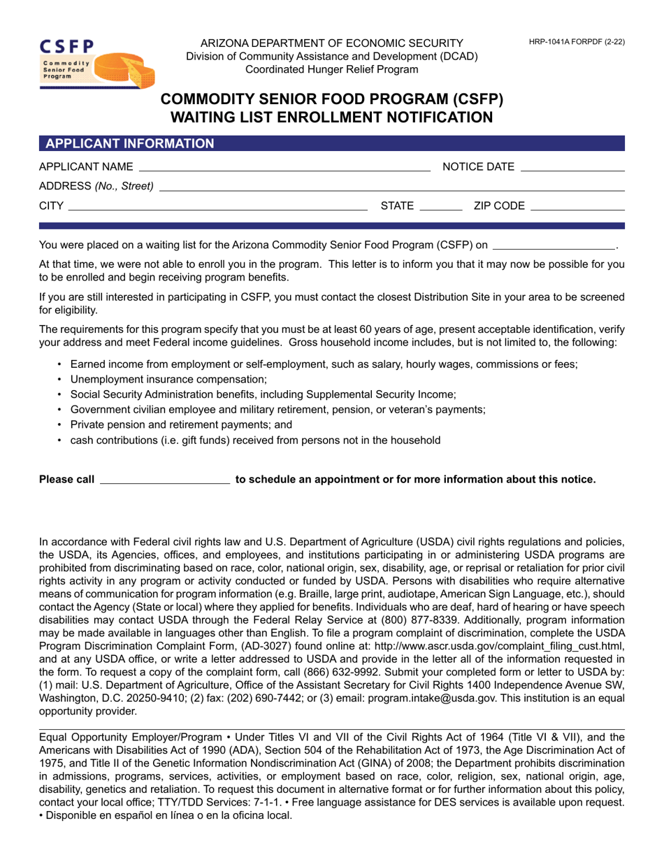 Form HRP-1041A Waiting List Enrollment Notification - Commodity Senior Food Program (Csfp) - Arizona, Page 1