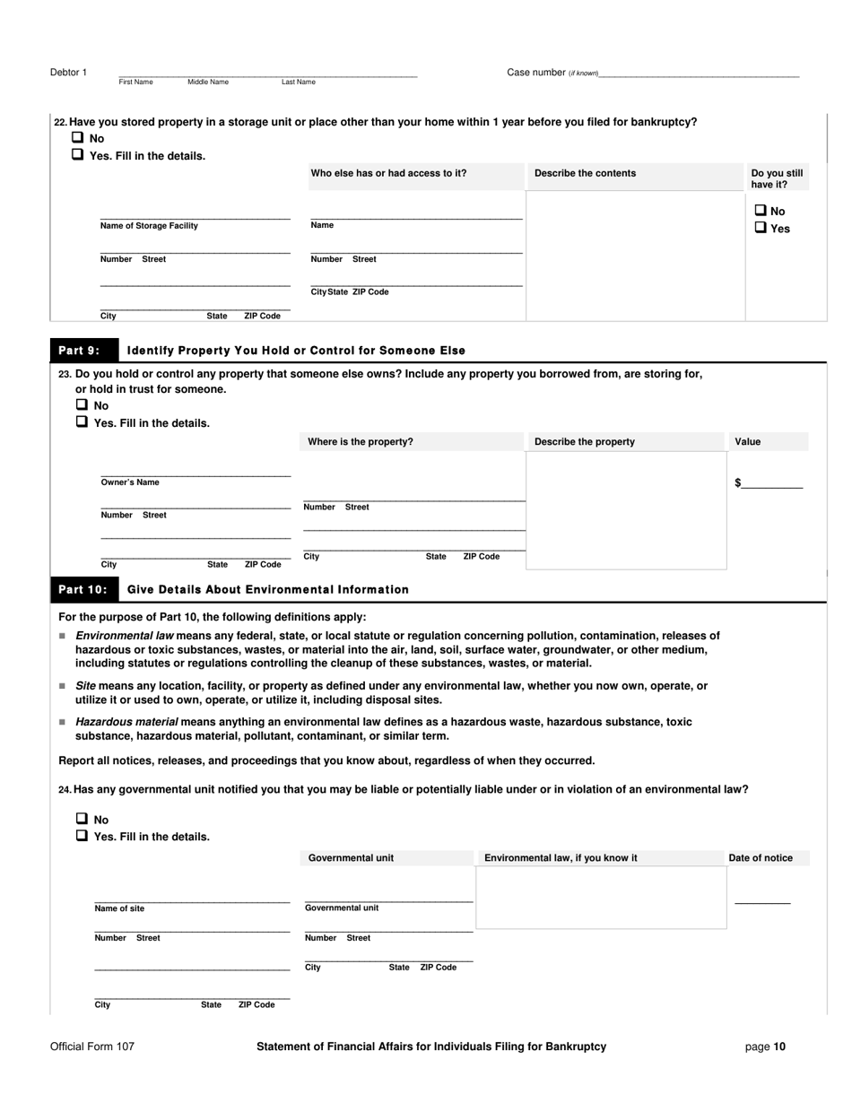 Official Form 107 Statement of Financial Affairs for Individuals Filing for Bankruptcy, Page 10
