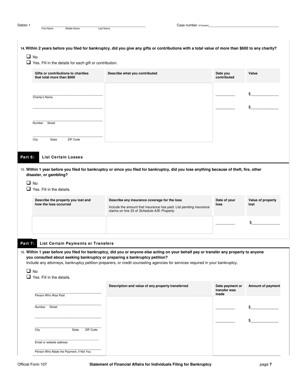 Official Form 107 Statement of Financial Affairs for Individuals Filing for Bankruptcy, Page 7