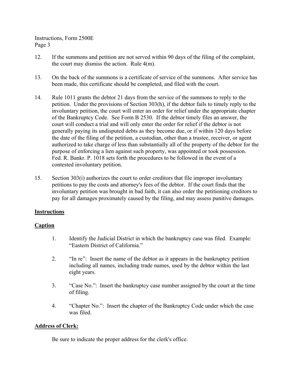Instructions for Form B2500E Summons to Debtor in Involuntary Case, Page 3
