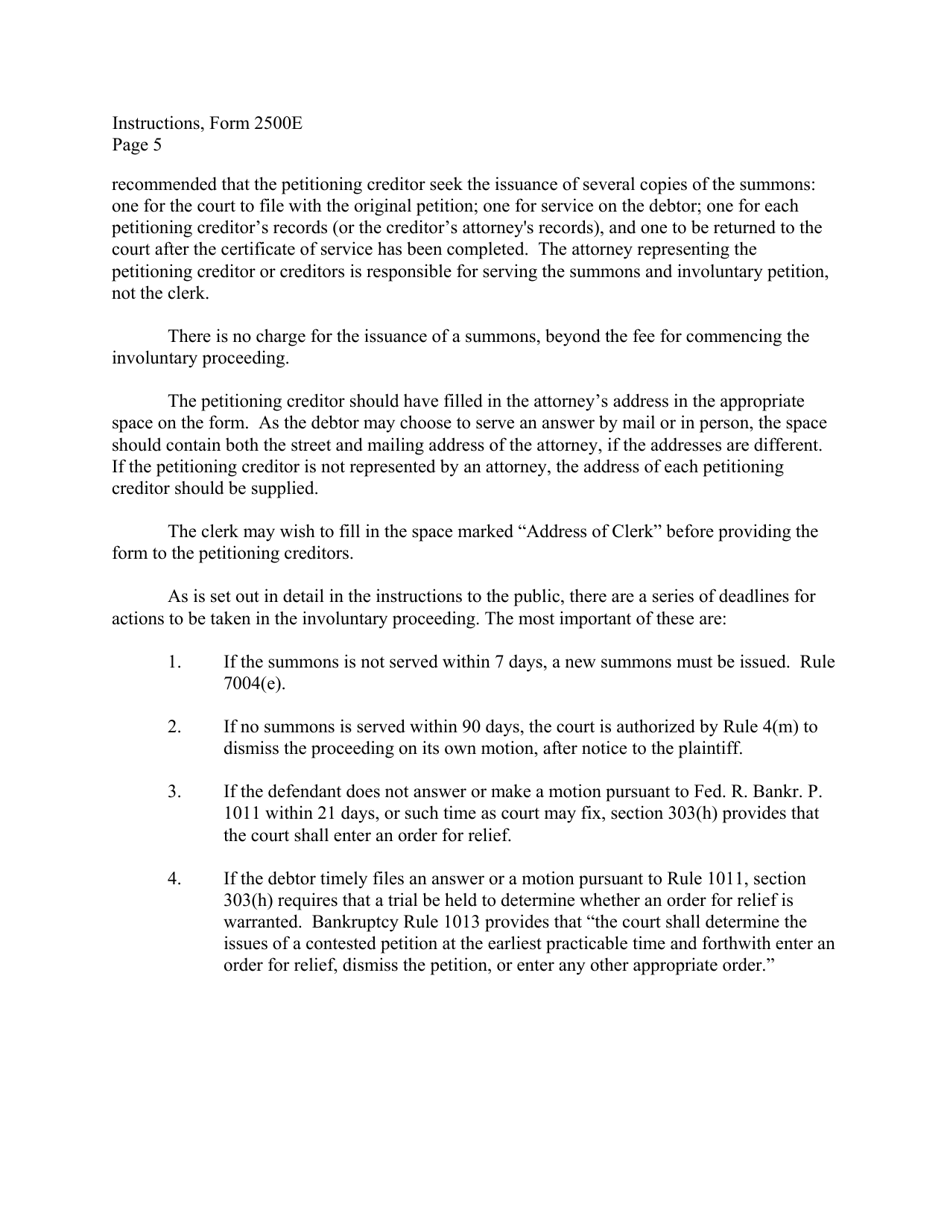 Instructions for Form B2500E Summons to Debtor in Involuntary Case, Page 5