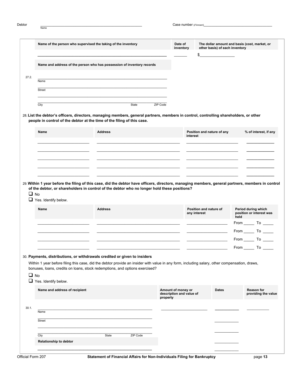 Official Form 207 Statement of Financial Affairs for Non-individuals Filing for Bankruptcy, Page 13