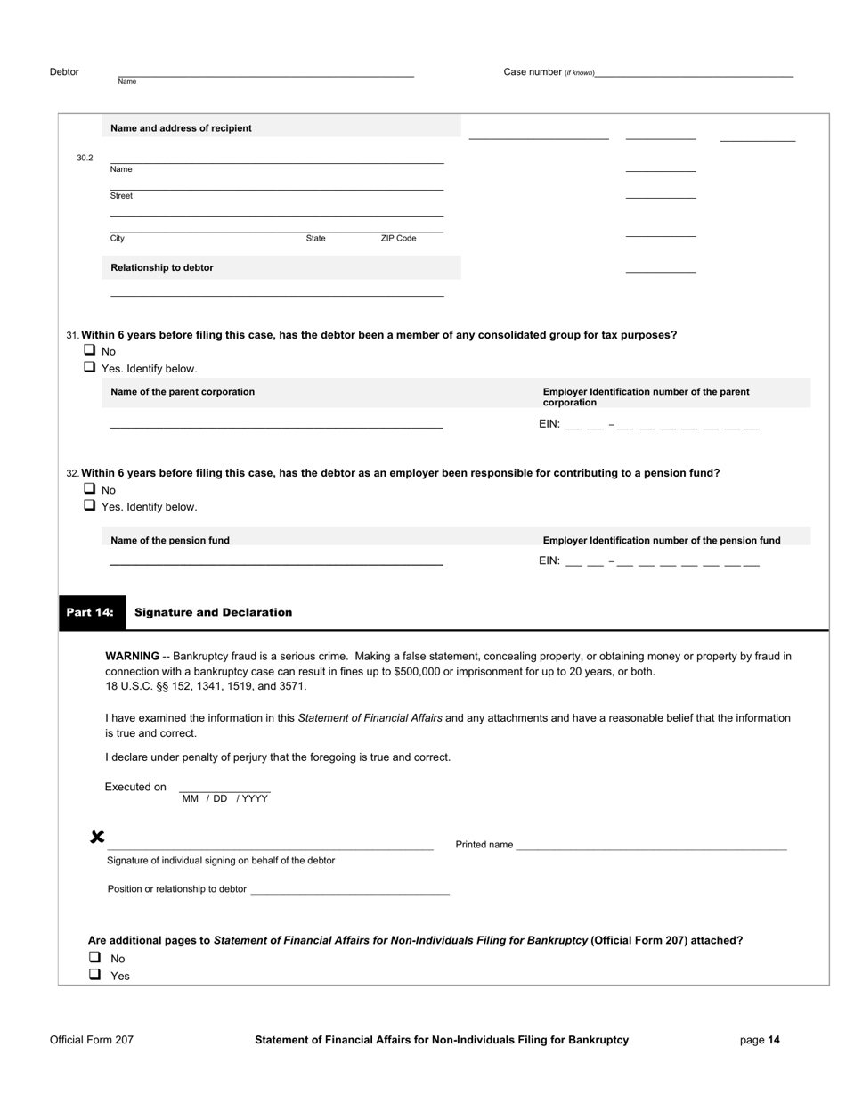 Official Form 207 Statement of Financial Affairs for Non-individuals Filing for Bankruptcy, Page 14