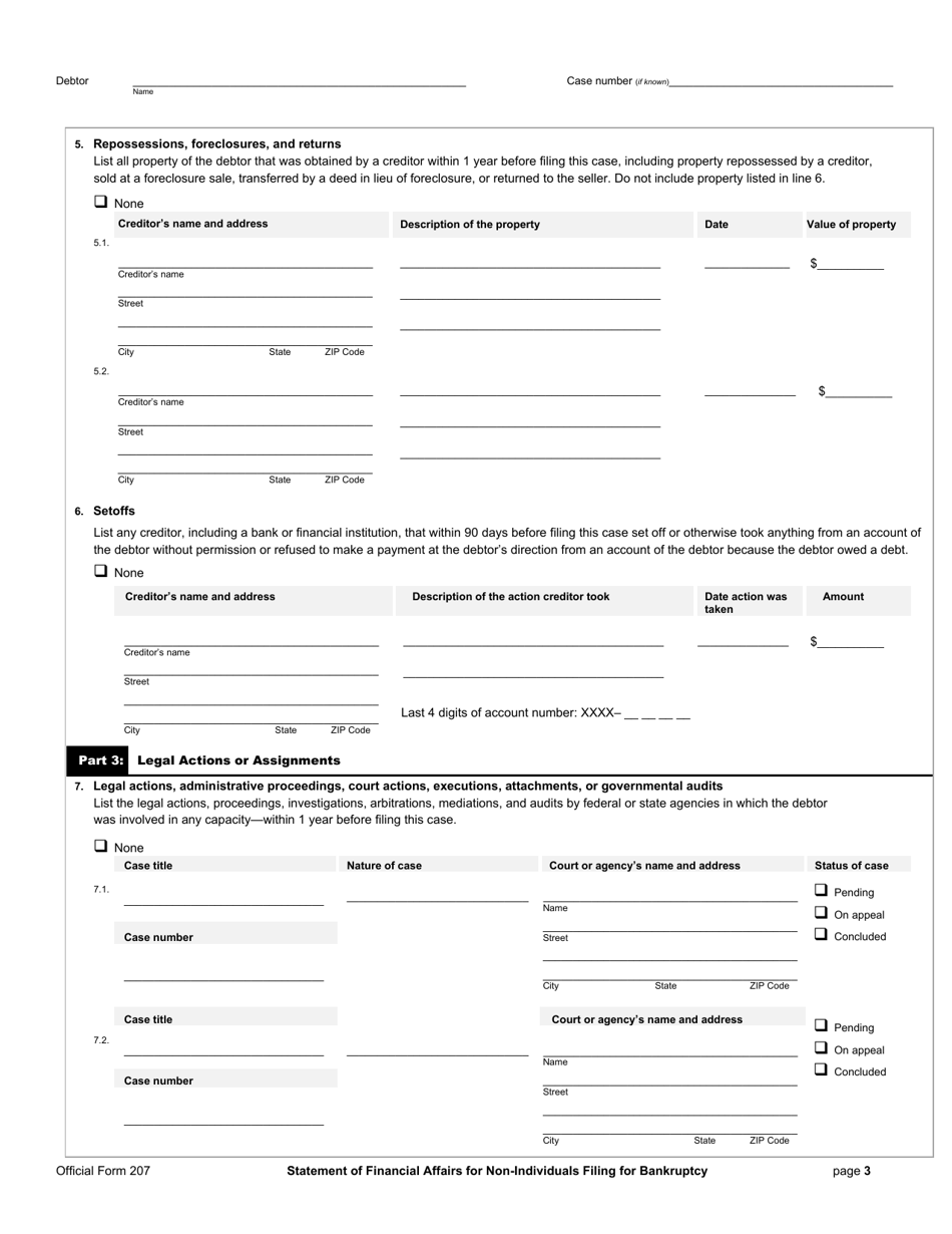 Official Form 207 Statement of Financial Affairs for Non-individuals Filing for Bankruptcy, Page 3