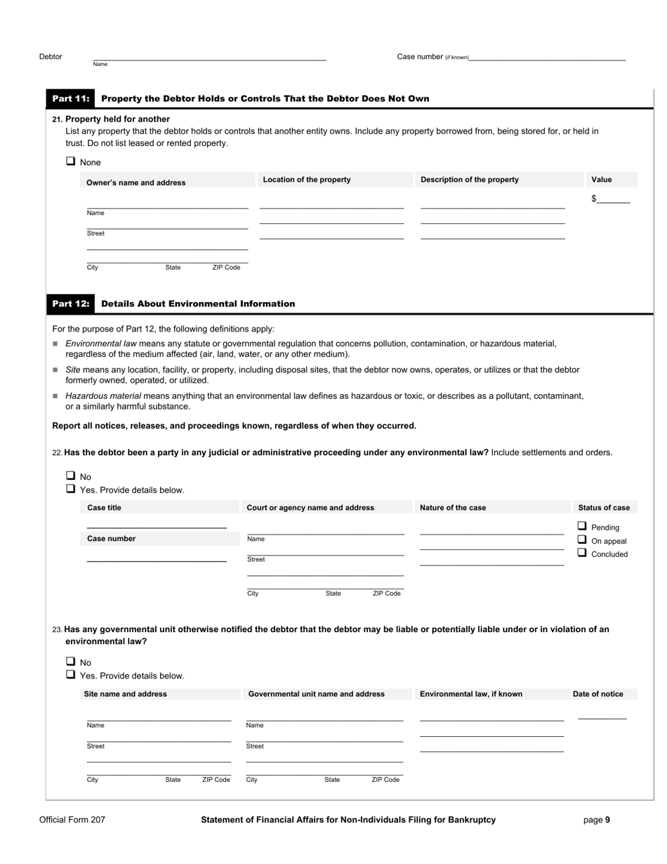Official Form 207 Statement of Financial Affairs for Non-individuals Filing for Bankruptcy, Page 9