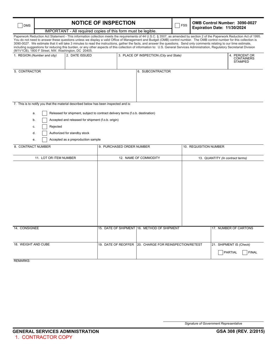 GSA Form 308 Notice of Inspection, Page 1
