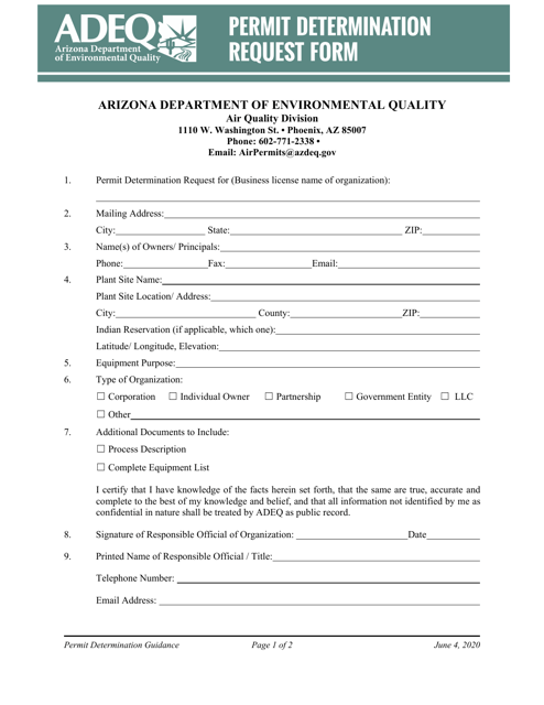 Air Quality Permit Determination Request Form - Arizona Download Pdf