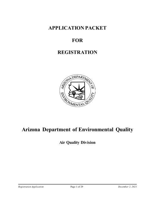 Air Quality Standard Registration Application Form - Arizona Download Pdf