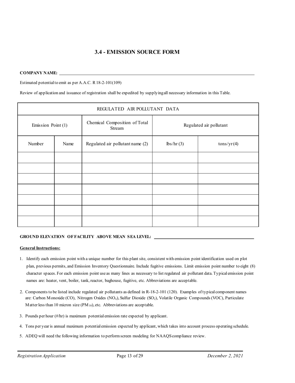 Air Quality Standard Registration Application Form - Arizona, Page 13