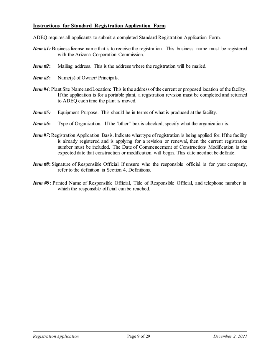 Air Quality Standard Registration Application Form - Arizona, Page 9