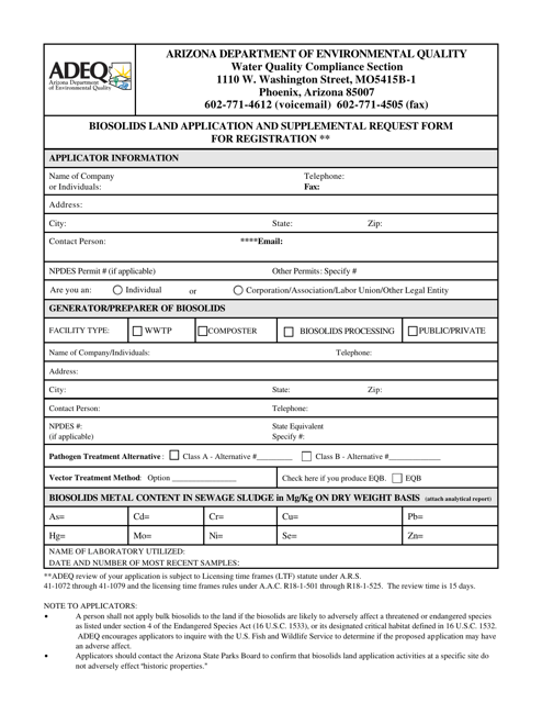 Biosolids Land Application and Supplemental Request Form for Registration - Arizona Download Pdf