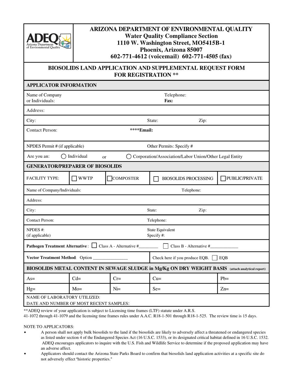 Biosolids Land Application and Supplemental Request Form for Registration - Arizona, Page 1