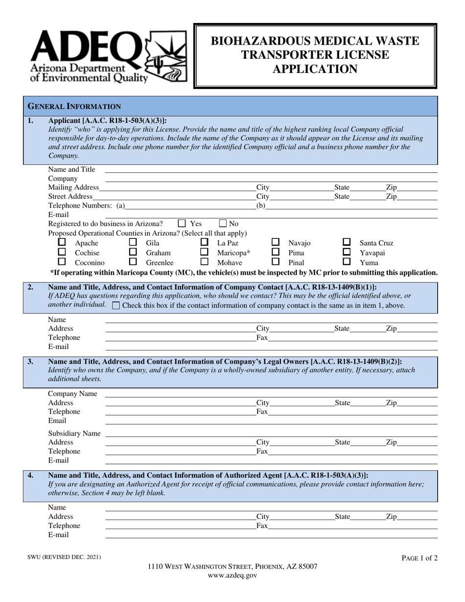 ADEQ Form SWU Biohazardous Medical Waste Transporter License Application - Arizona, Page 3