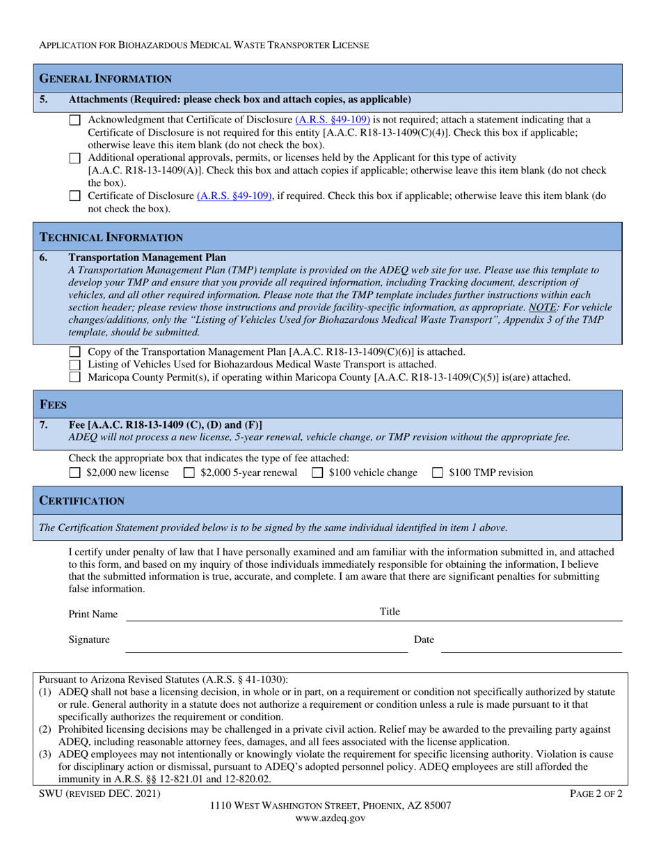 ADEQ Form SWU Biohazardous Medical Waste Transporter License Application - Arizona, Page 4
