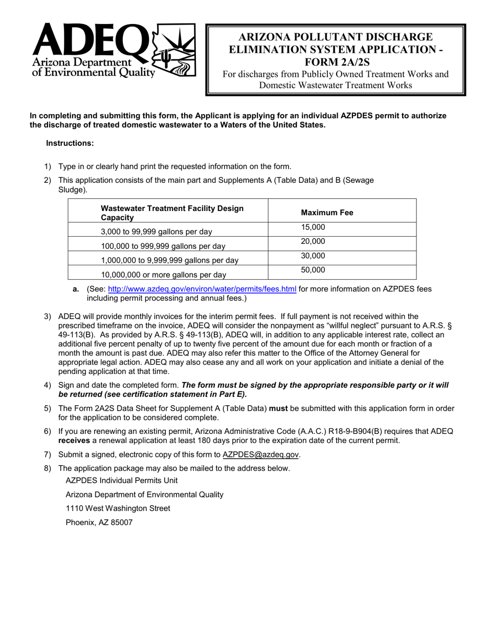 ADEQ Form 2A / 2S Arizona Pollutant Discharge Elimination System Application - Arizona, Page 1