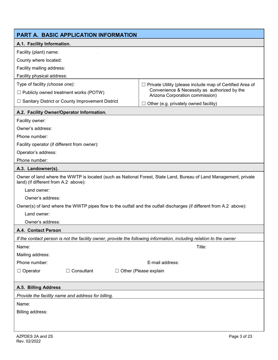 ADEQ Form 2A / 2S Arizona Pollutant Discharge Elimination System Application - Arizona, Page 3