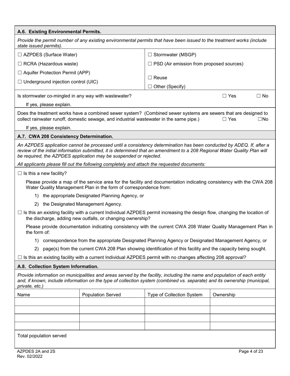 ADEQ Form 2A / 2S Arizona Pollutant Discharge Elimination System Application - Arizona, Page 4