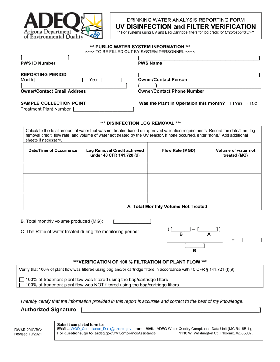 Form DWAR20UVBC Drinking Water Analysis Reporting Form - Uv Disinfection and Filter Verification - Arizona, Page 1