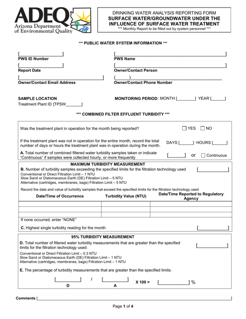 Form DWAR15A&B Drinking Water Analysis Reporting Form - Surface Water/Groundwater Under the Influence of Surface Water Treatment - Arizona