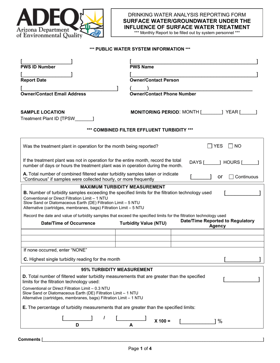 Form DWAR15AB Drinking Water Analysis Reporting Form - Surface Water / Groundwater Under the Influence of Surface Water Treatment - Arizona, Page 1