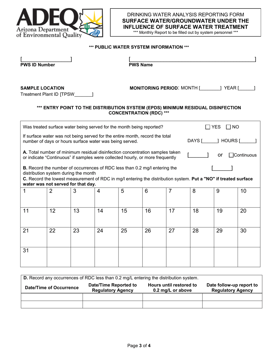 Form DWAR15AB Drinking Water Analysis Reporting Form - Surface Water / Groundwater Under the Influence of Surface Water Treatment - Arizona, Page 3