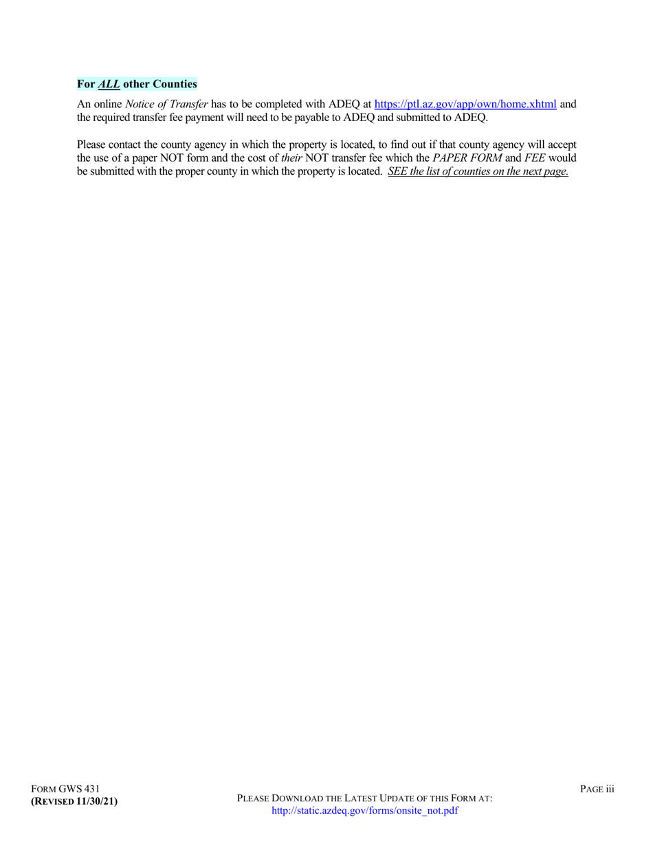 Form GWS431 Groundwater Section Notice of Transfer of Ownership for an on-Site Wastewater Treatment Facility - Arizona, Page 3