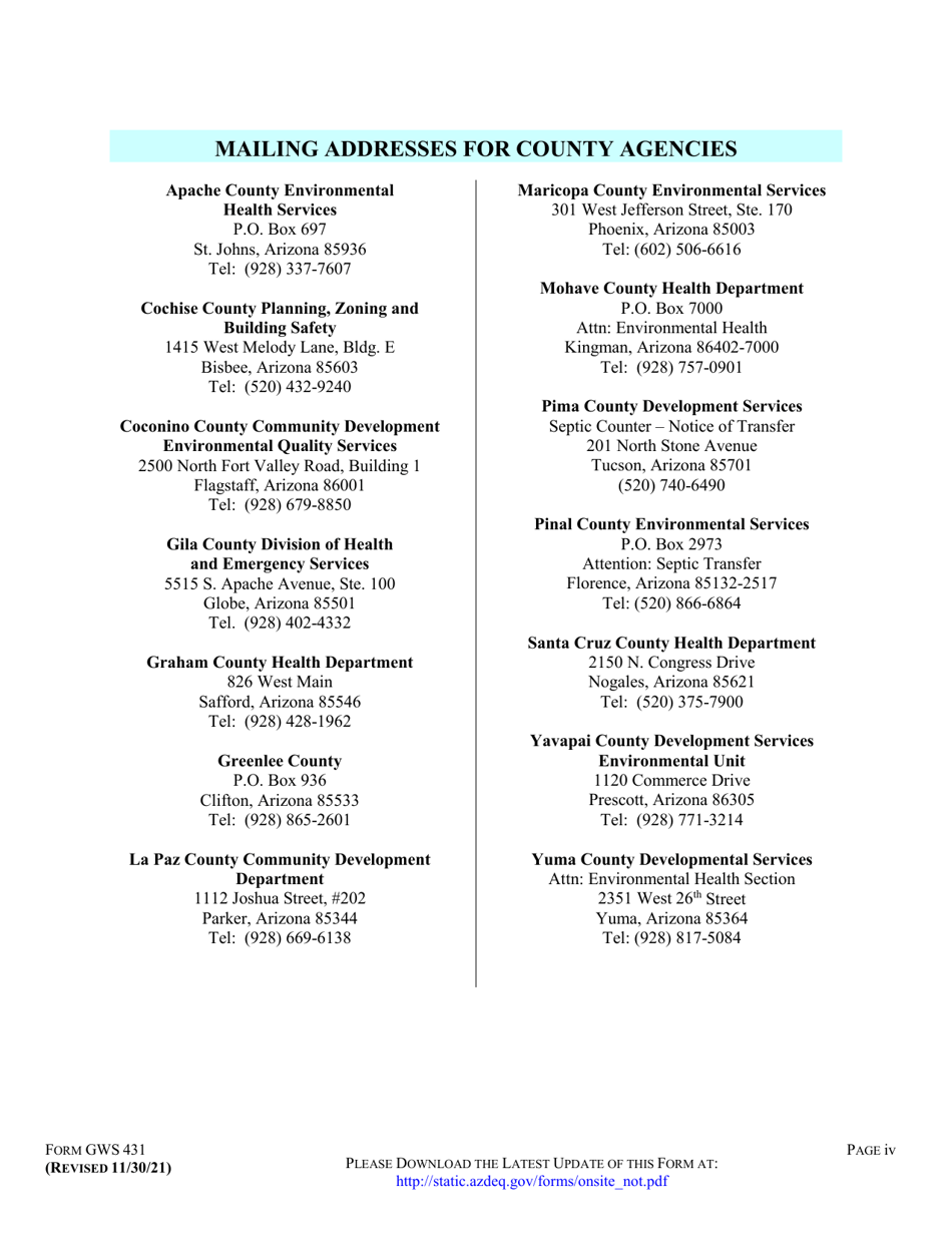 Form GWS431 Groundwater Section Notice of Transfer of Ownership for an on-Site Wastewater Treatment Facility - Arizona, Page 4