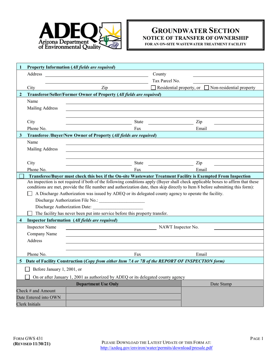 Form GWS431 Groundwater Section Notice of Transfer of Ownership for an on-Site Wastewater Treatment Facility - Arizona, Page 5