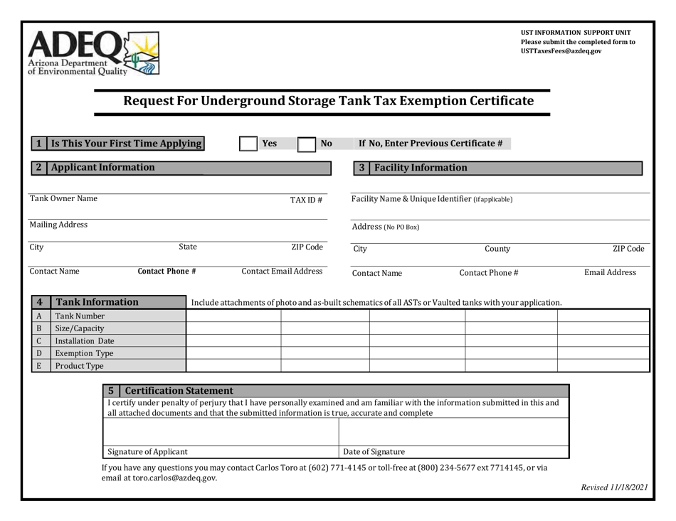 Request for Underground Storage Tank Tax Exemption Certificate - Arizona, Page 1