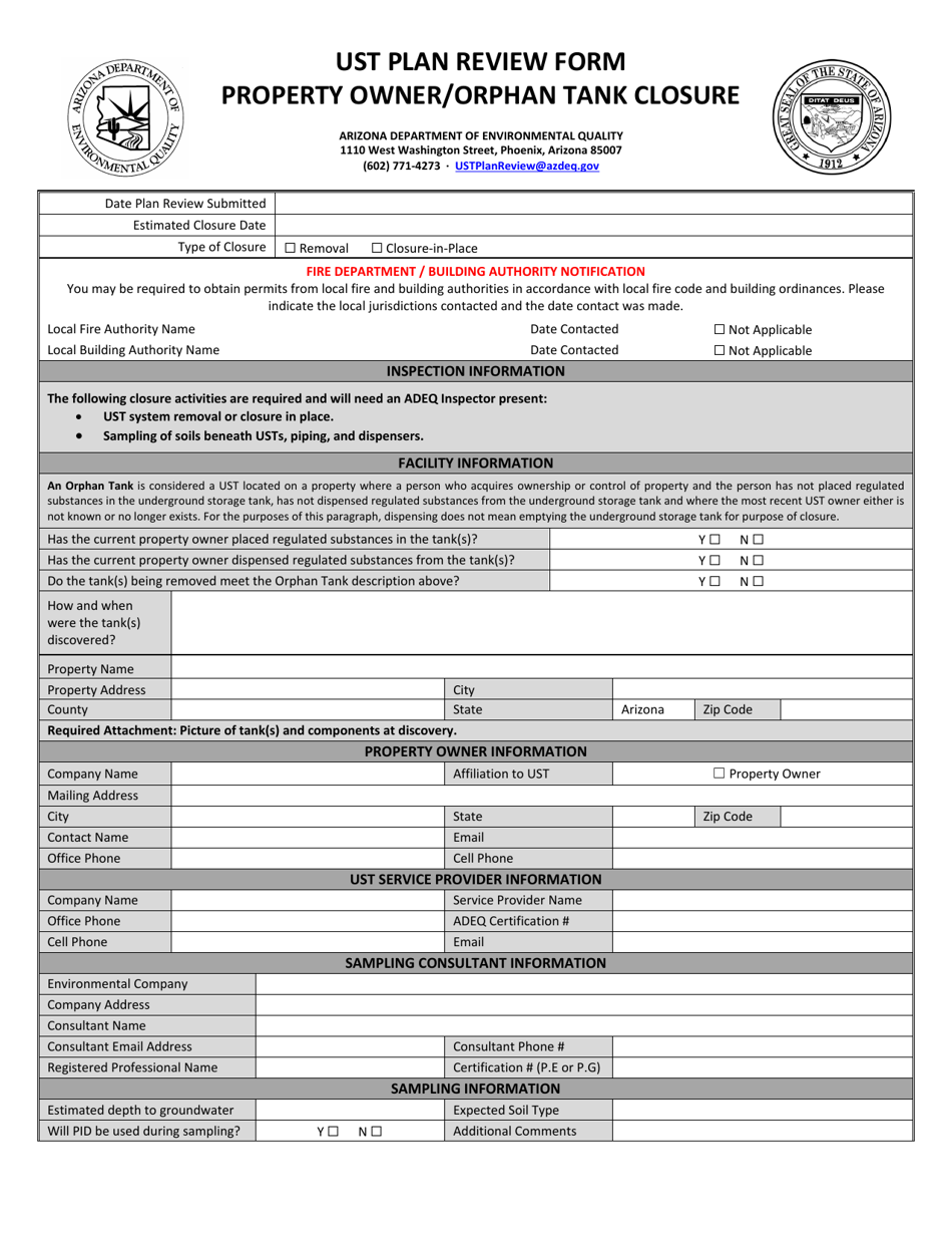 Ust Plan Review Form - Property Owner / Orphan Tank Closure - Arizona, Page 1