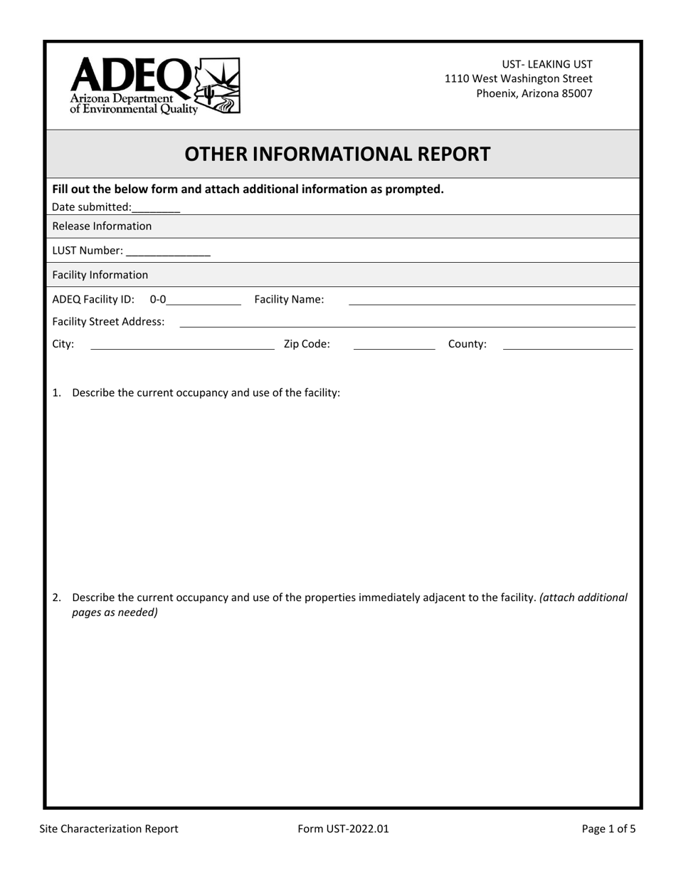 Arizona Site Characterization/Other Informational Report - Fill Out