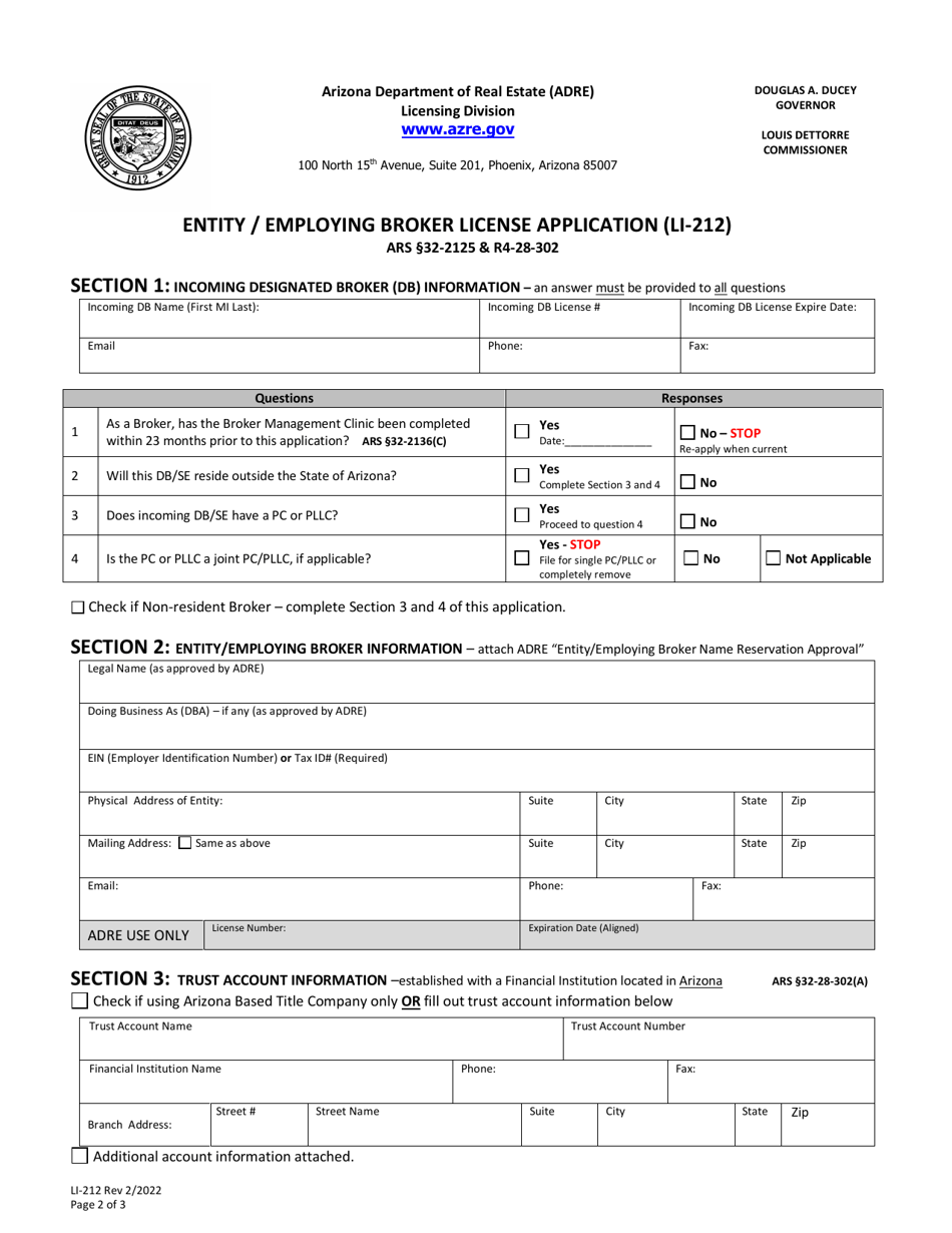 Form LI-212 Entity / Employing Broker License Application - Arizona, Page 2