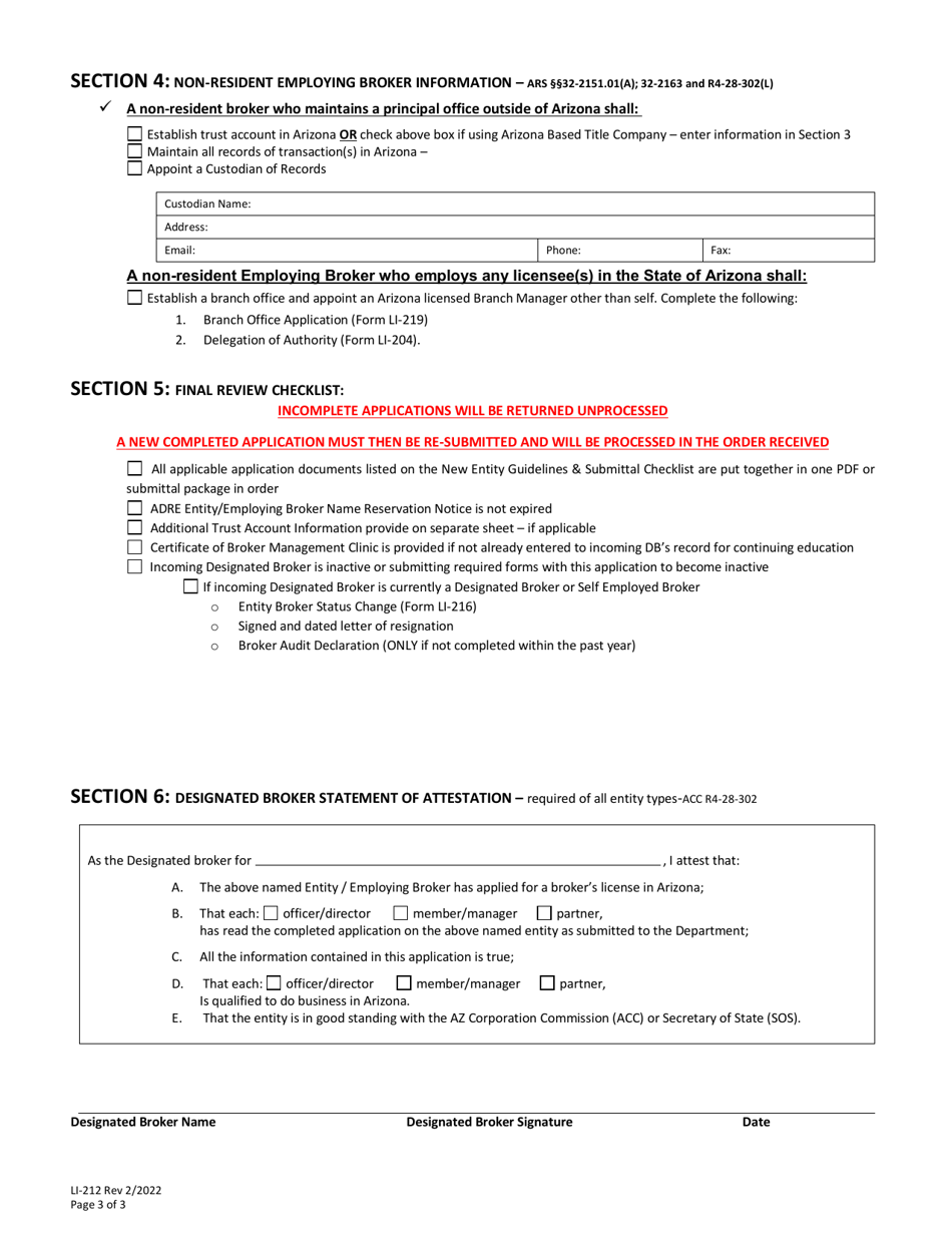Form LI-212 Entity / Employing Broker License Application - Arizona, Page 3