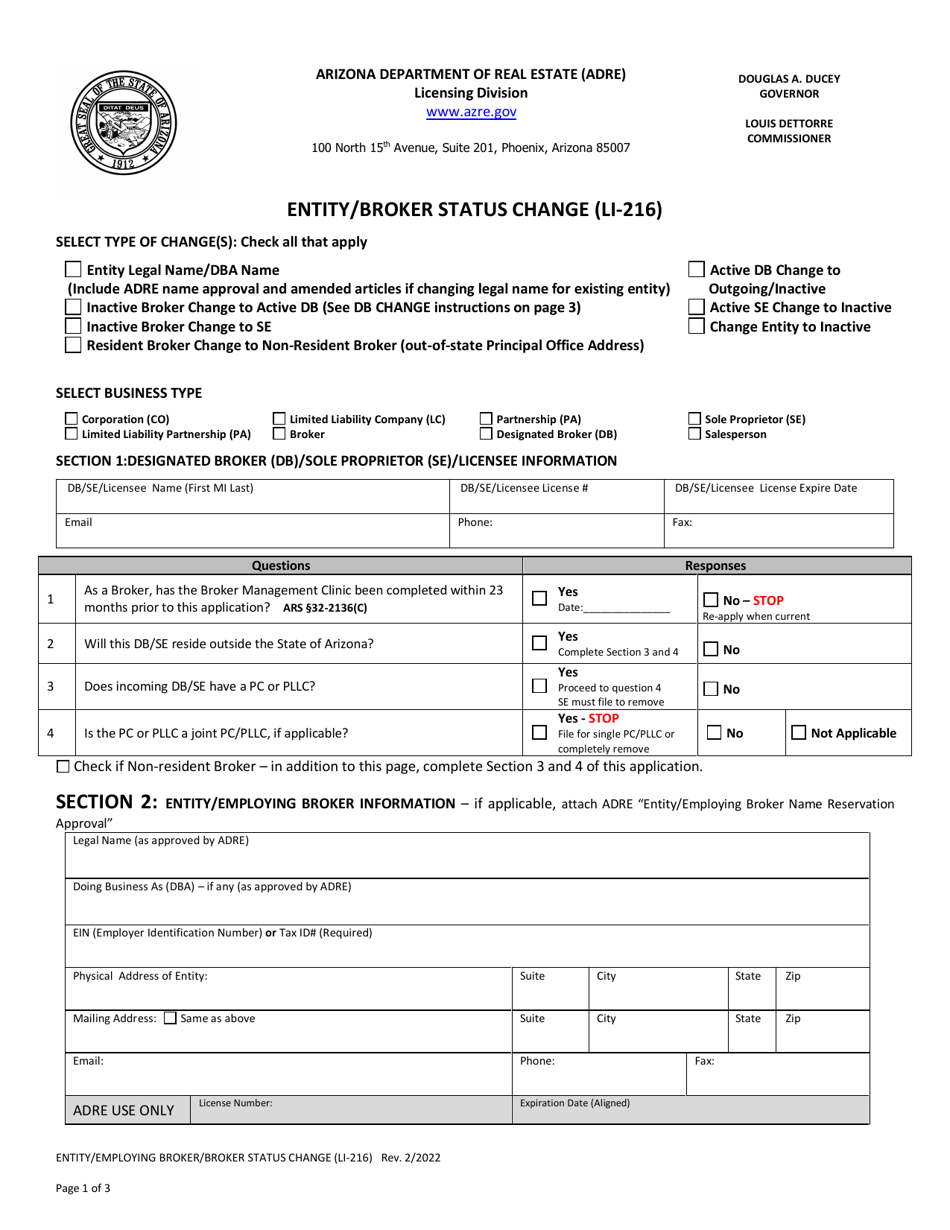 Form LI-216 Entity / Broker Status Change - Arizona, Page 1