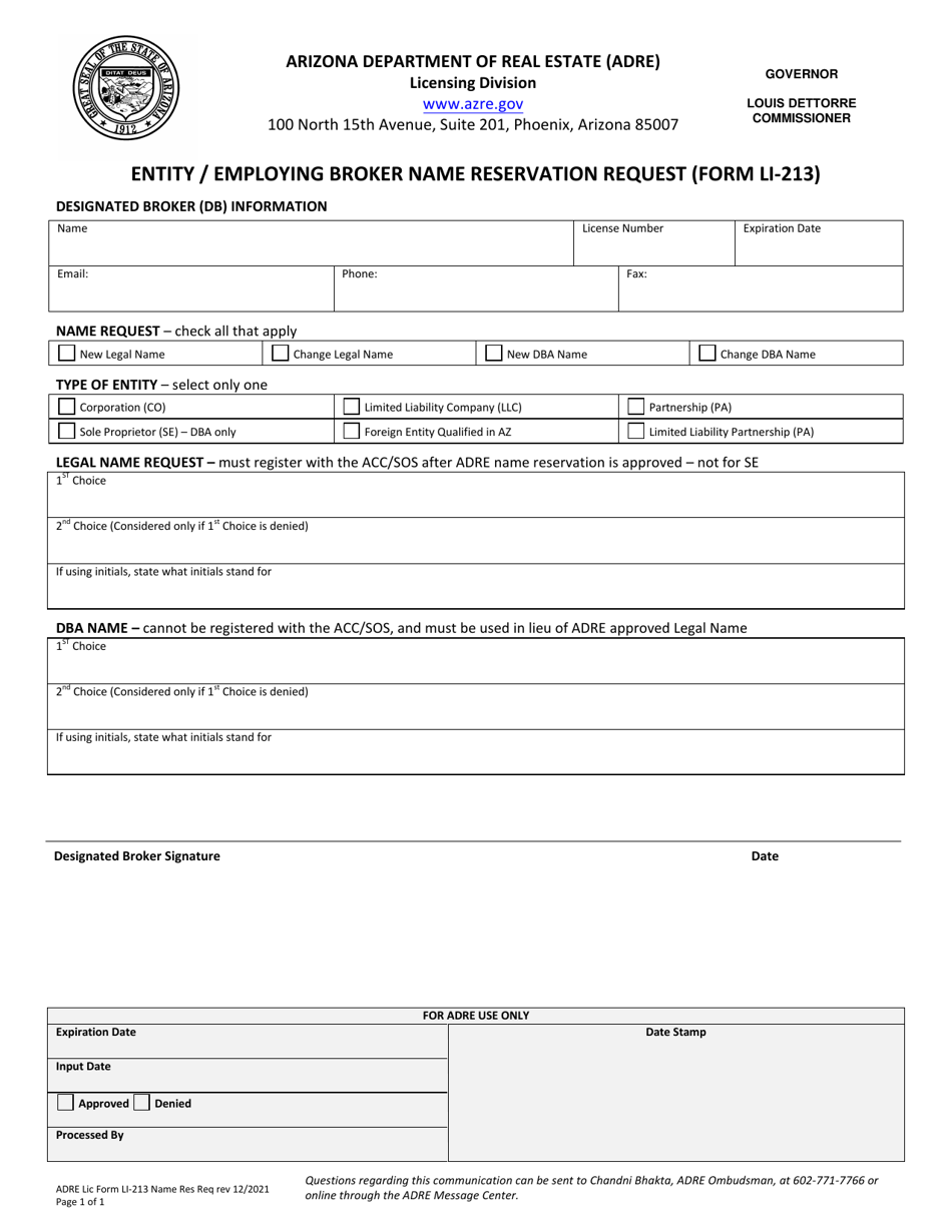 Form LI-213 Entity / Employing Broker Name Reservation Request - Arizona, Page 1