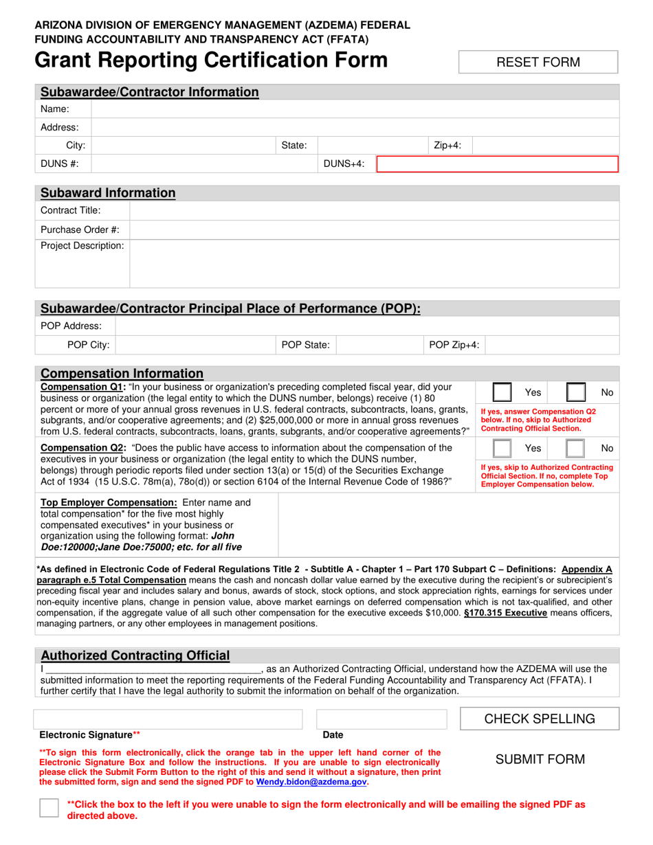 Grant Reporting Certification Form - Federal Funding Accountability and Transparency Act (Ffata) - Arizona, Page 1