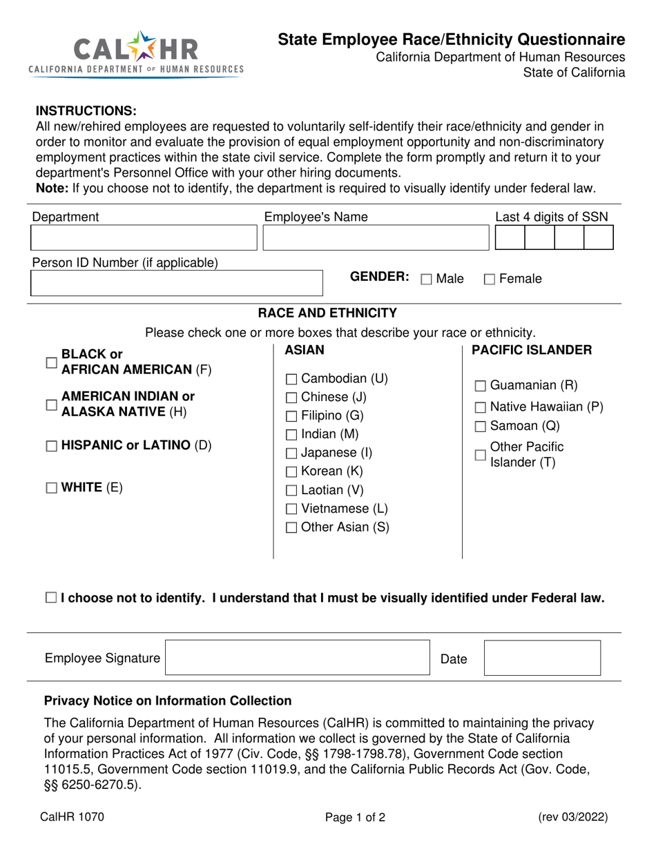 Form CALHR1070 Download Fillable PDF or Fill Online State Employee Race