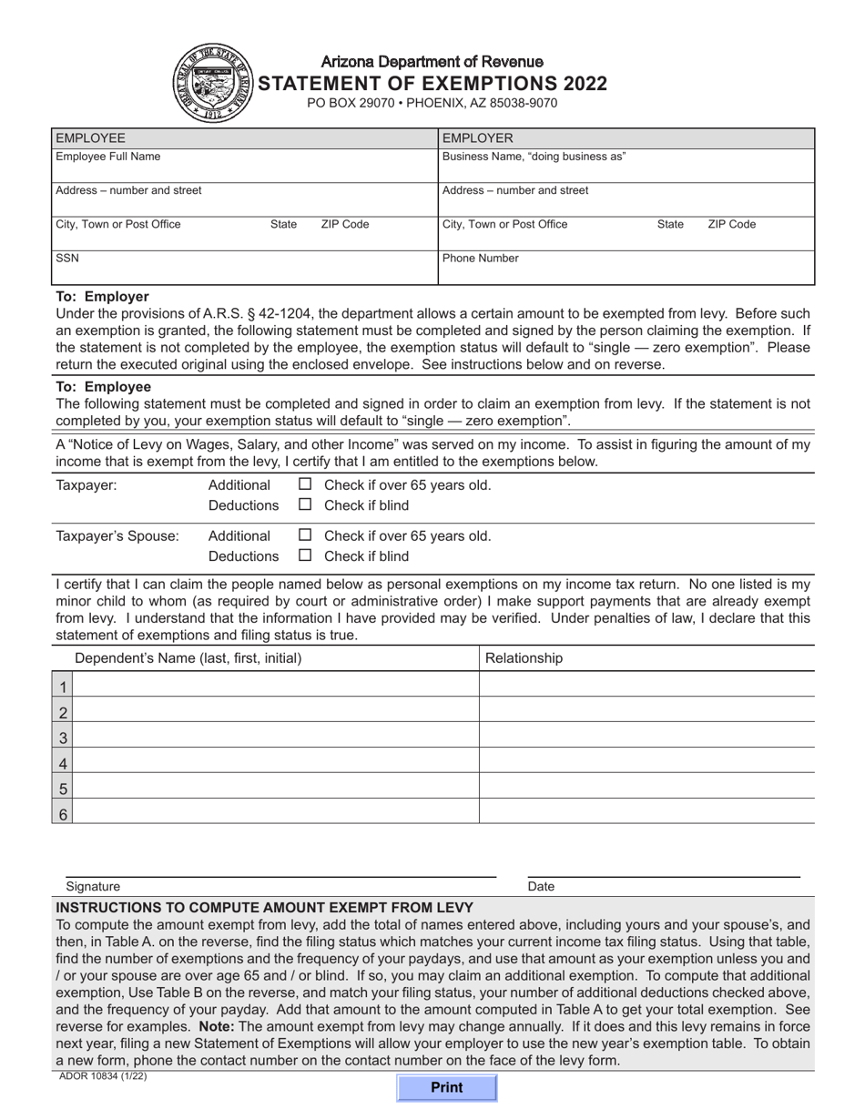 Form ADOR10834 Statement of Exemptions - Arizona, Page 1