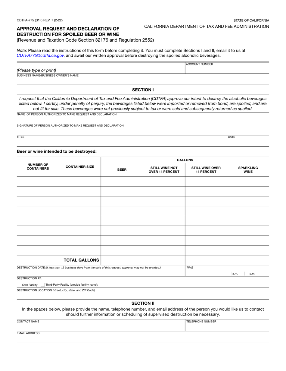 Form CDTFA-775 Approval Request and Declaration of Destruction for Spoiled Beer or Wine - California, Page 1